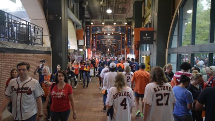 Nov 2, 2021; Houston, Texas, USA; Baseball fans make their way through the concourse before game six of the 2021 World Series between the Houston Astros and the Atlanta Braves at Minute Maid Park. Mandatory Credit: Jerome Miron-USA TODAY Sports