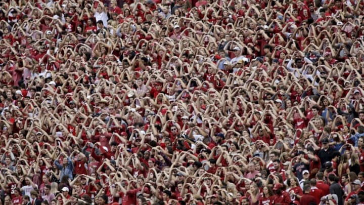 NORMAN, OK - SEPTEMBER 08: Oklahoma Sooners fans chant during the game against the UCLA Bruins at Gaylord Family Oklahoma Memorial Stadium on September 8, 2018 in Norman, Oklahoma. The Sooners defeated the Bruins 49-21. (Photo by Brett Deering/Getty Images)