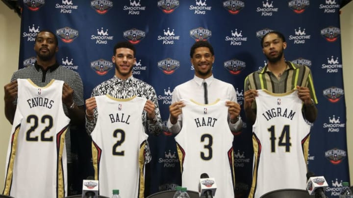 METAIRIE, LA - JULY 16: Derrick Favors #22, Lonzo Ball #2, Josh Hart #3, and Brandon Ingram #14 of the New Orleans Pelicans pose for a photo at the introductory press conference on July 16, 2019 at Ochsner Sports Performance Center in Metairie, Louisiana. NOTE TO USER: User expressly acknowledges and agrees that, by downloading and or using this Photograph, user is consenting to the terms and conditions of the Getty Images License Agreement. Mandatory Copyright Notice: Copyright 2019 NBAE (Photo by Layne Murdoch Jr./NBAE via Getty Images