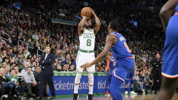 BOSTON, MA - NOVEMBER 1: Kemba Walker #8 of the Boston Celtics shoots the ball against the New York Knicks on November 1, 2019 at the TD Garden in Boston, Massachusetts. NOTE TO USER: User expressly acknowledges and agrees that, by downloading and or using this photograph, User is consenting to the terms and conditions of the Getty Images License Agreement. Mandatory Copyright Notice: Copyright 2019 NBAE (Photo by Brian Babineau/NBAE via Getty Images)