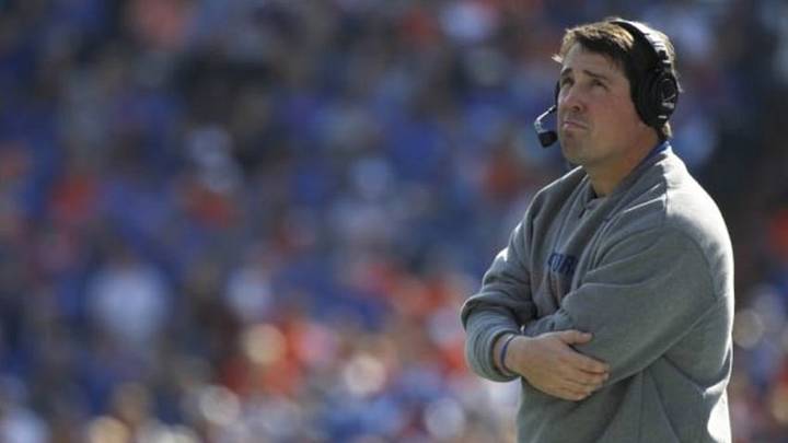 Nov 15, 2014; Gainesville, FL, USA; Florida Gators head coach Will Muschamp looks up against the South Carolina Gamecocks during the second quarter at Ben Hill Griffin Stadium. Mandatory Credit: Kim Klement-USA TODAY Sports