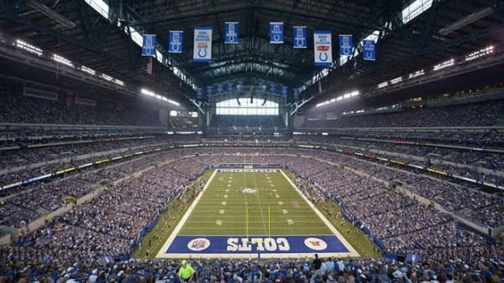 Sep 8, 2013; Indianapolis, IN, USA; General view of the opening kickoff of the NFL game between the Oakland Raiders and the Indianapolis Colts at Lucas Oil Stadium. The Colts defeated the Raiders 21-17. Mandatory Credit: Kirby Lee-USA TODAY Sports