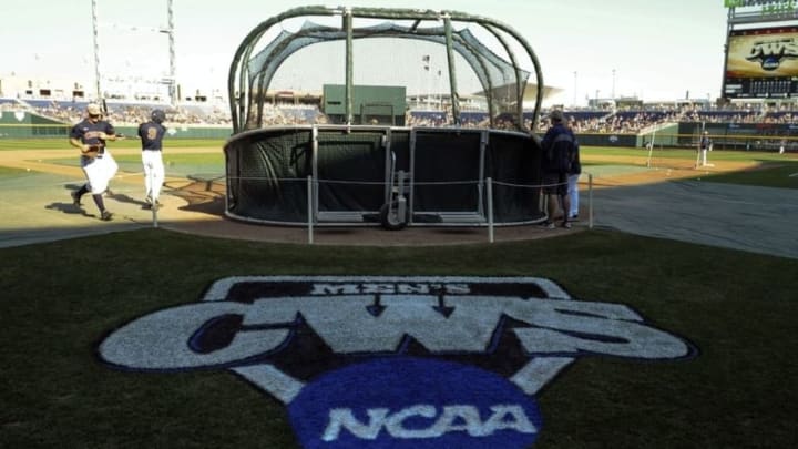 Jun 22, 2015; Omaha, NE, USA; General view of the logo before the game between the Virginia Cavaliers and Vanderbilt Commodores in game one of the College World Series Finals at TD Ameritrade Park. Mandatory Credit: Steven Branscombe-USA TODAY Sports