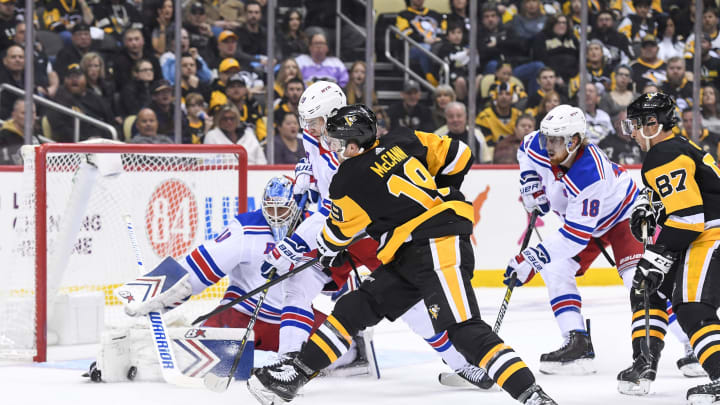 PITTSBURGH, PA – APRIL 06: Pittsburgh Penguins Left Wing Jared McCann (19) shoots the puck on New York Rangers Goalie Alexandar Georgiev (40) during the second period in the NHL game between the Pittsburgh Penguins and the New York Rangers on April 6, 2019, at PPG Paints Arena in Pittsburgh, PA. (Photo by Jeanine Leech/Icon Sportswire via Getty Images)