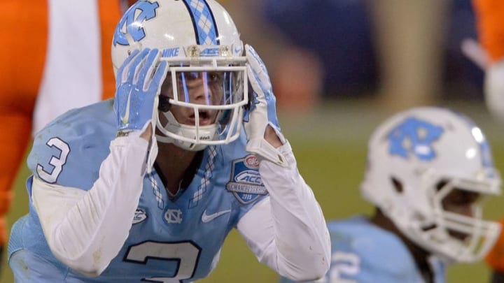 CHARLOTTE, NC - DECEMBER 05: Ryan Switzer #3 of the North Carolina Tar Heels reacts after his team was called offsides on an onside kick during the final minutes of the Atlantic Coast Conference Football Championship against the Clemson Tigers at Bank of America Stadium on December 5, 2015 in Charlotte, North Carolina. Clemson won 45-37. (Photo by Grant Halverson/Getty Images)