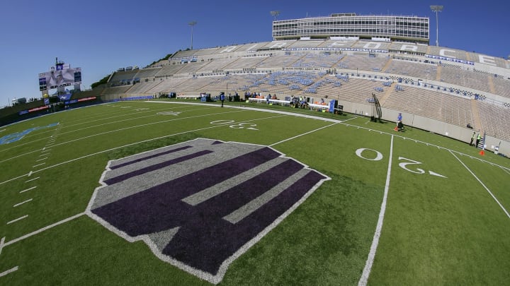 Sep 10, 2016; Colorado Springs, CO, USA; The Mountain West conference logo at the 25-yard line is seen prior to a game between the Air Force Falcons and Georgia State Panthers at Falcon Stadium. The Falcons won 48-14. Mandatory Credit: Ray Carlin-USA TODAY Sports