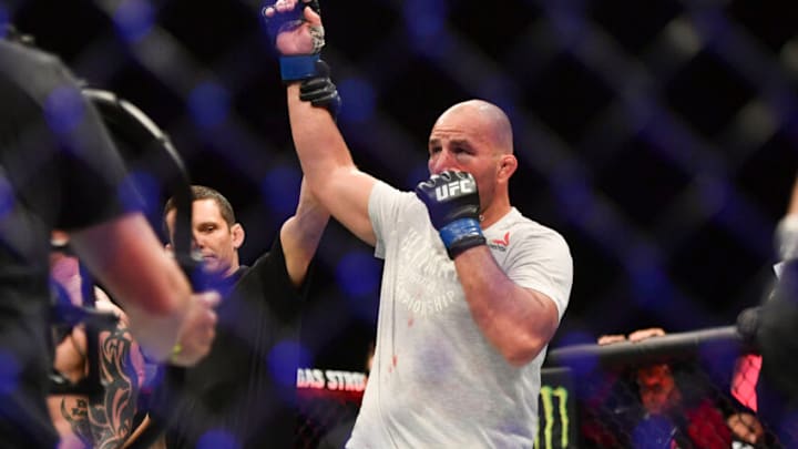 May 13, 2020; Jacksonville, Florida, USA; Glover Teixeira (blue gloves) celebrates after defeating Anthony Smith (red gloves) during UFC Fight Night at VyStar Veterans Memorial Arena. Mandatory Credit: Jasen Vinlove-USA TODAY Sports