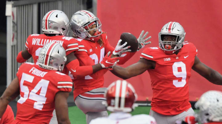 COLUMBUS, OH - NOVEMBER 21: Shaun Wade #24 of the Ohio State Buckeyes celebrates after returning an interception 36-yards for a touchdown in the third quarter against the Indiana Hoosiers at Ohio Stadium on November 21, 2020 in Columbus, Ohio. Ohio State defeated Indiana 42-35. (Photo by Jamie Sabau/Getty Images)