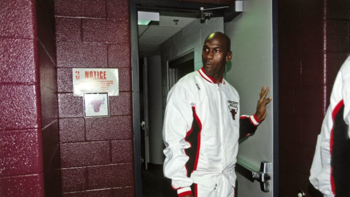 CHICAGO - 1995: Michael Jordan #45 of the Chicago Bulls exits the locker room circa 1995 at the United Stadium in Chicago, Illinois. NOTE TO USER: User expressly acknowledges and agrees that, by downloading and or using this photograph, User is consenting to the terms and conditions of the Getty Images License Agreement. Mandatory Copyright Notice: Copyright 1995 NBAE (Photo by Andrew D. Bernstein/NBAE via Getty Images)