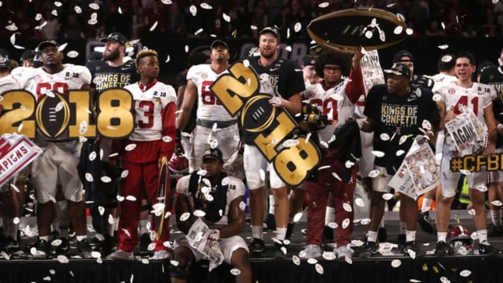 ATLANTA, GA - JANUARY 08: The Alabama Crimson Tide celebrates beating the Georgia Bulldogs in overtime and winning the CFP National Championship presented by AT&T at Mercedes-Benz Stadium on January 8, 2018 in Atlanta, Georgia. Alabama won 26-23. (Photo by Christian Petersen/Getty Images)