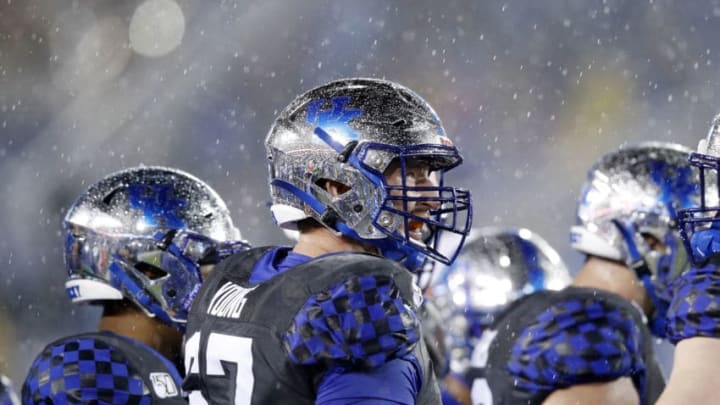 LEXINGTON, KY - OCTOBER 26: Landon Young #67 of the Kentucky Wildcats looks on against the Missouri Tigers as heavy rain falls in the second half of the game at Kroger Field on October 26, 2019 in Lexington, Kentucky. (Photo by Joe Robbins/Getty Images)