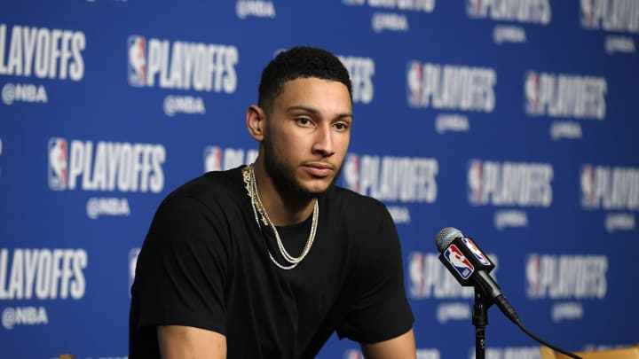 BOSTON, MA – MAY 9: Ben Simmons #25 of the Philadelphia 76ers talks to the media after the game against the Boston Celtics in Game Five of the Eastern Conference Semifinals of the 2018 NBA Playoffs on May 9, 2018 at TD Garden in Boston, Massachusetts. NOTE TO USER: User expressly acknowledges and agrees that, by downloading and or using this Photograph, user is consenting to the terms and conditions of the Getty Images License Agreement. Mandatory Copyright Notice: Copyright 2018 NBAE (Photo by Brian Babineau/NBAE via Getty Images)