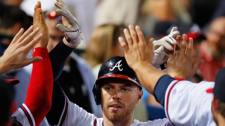 ATLANTA, GA - JUNE 15: Freddie Freeman #5 of the Atlanta Braves reacts after hitting a solo homer in the sixth inning against the Cincinnati Reds at Turner Field on June 15, 2016 in Atlanta, Georgia. (Photo by Kevin C. Cox/Getty Images)