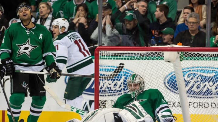 Nov 28, 2014; Dallas, TX, USA; Dallas Stars goalie Kari Lehtonen (32) allows the game winning goal to Minnesota Wild defenseman Marco Scandella (not pictured) during the overtime period at the American Airlines Center. The Wild defeated the Stars 5-4 in overtime. Mandatory Credit: Jerome Miron-USA TODAY Sports