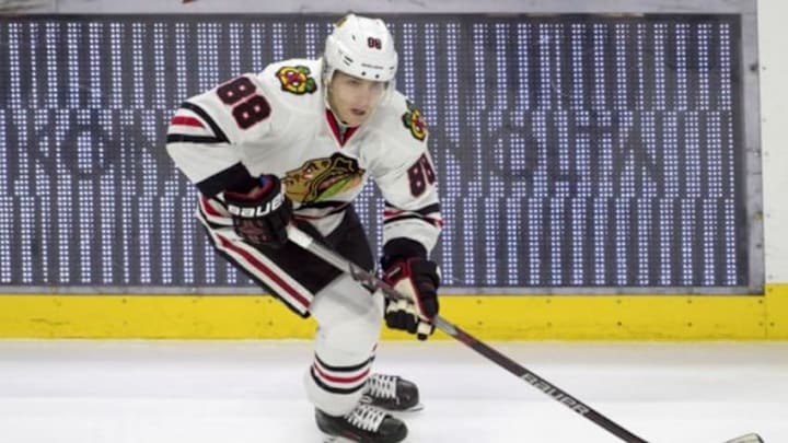 Dec 3, 2015; Ottawa, Ontario, CAN; Chicago Blackhawks left wing Patrick Kane (88) skates with the puck in the third period against the Ottawa Senators at the Canadian Tire Centre. The Senators defeated the Blackhawks 4-3 in overtime. Mandatory Credit: Marc DesRosiers-USA TODAY Sports