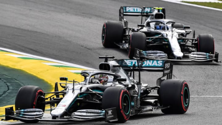 Mercedes' British driver Lewis Hamilton powers his car ahead of Mercedes' Finnish driver Valtteri Bottas during the qualifying session of the Formula One Brazilian Grand Prix, at the Interlagos racetrack in Sao Paulo, Brazil, on November 16, 2019. (Photo by Nelson ALMEIDA / AFP) (Photo by NELSON ALMEIDA/AFP via Getty Images)