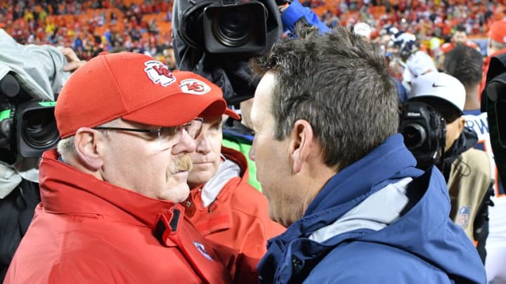 KC Chiefs head coach Andy Reid is congratulated by Denver Broncos head coach Gary Kubiak after the game – Mandatory Credit: Denny Medley-USA TODAY Sports