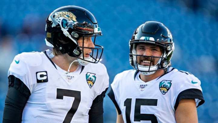 NASHVILLE, TN - NOVEMBER 24: Nick Foles #7 and Gardner Minshew II #15 of the Jacksonville Jaguars talk before a game against the Tennessee Titans at Nissan Stadium on November 24, 2019 in Nashville, Tennessee. (Photo by Wesley Hitt/Getty Images)