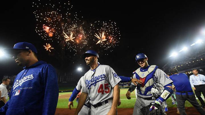 MONTERREY, MEXICO - MAY 4: Members of the Los Angeles Dodgers celebrate a combined no-hitter to defeat the San Diego Padres at Estadio de Béisbol Monterrey on Friday, May 4, 2018 in Monterrey, Mexico. (Photo by Roberto Maya/MLB Photos via Getty Images)