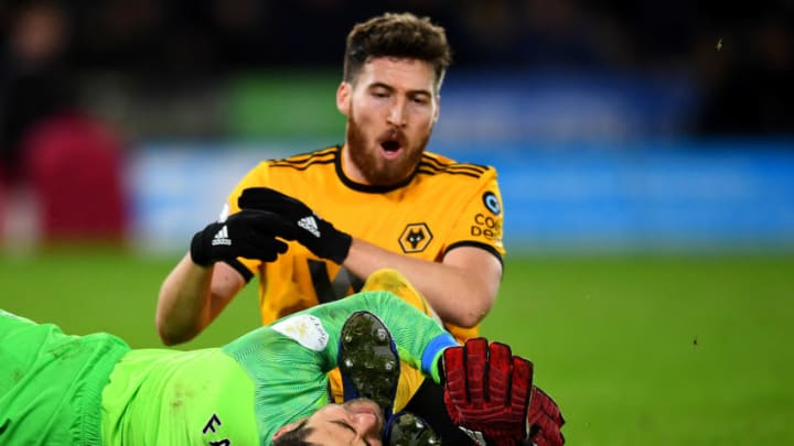 WOLVERHAMPTON, ENGLAND - JANUARY 29: Matt Doherty of Wolverhampton Wanderers collides with Lukasz Fabianski of West Ham United during the Premier League match between Wolverhampton Wanderers and West Ham United at Molineux on January 29, 2019 in Wolverhampton, United Kingdom. (Photo by Clive Mason/Getty Images)