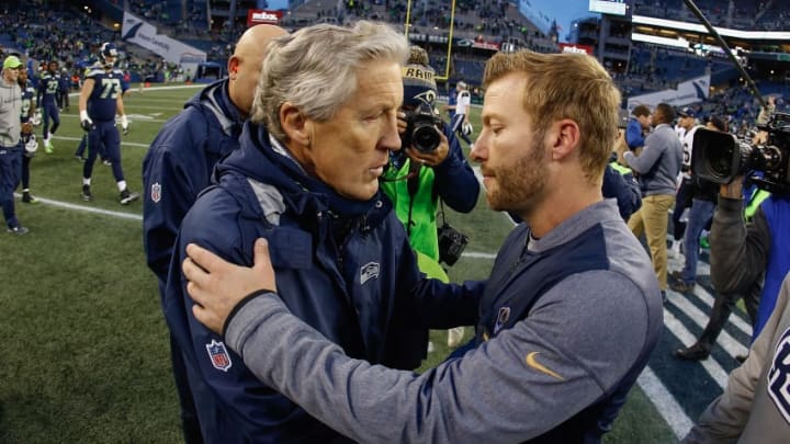 SEATTLE, WA - DECEMBER 17: Head coach Pete Carroll (L) of the Seattle Seahawks is congratulated by head Coach Sean McVay of the Los Angeles Rams at CenturyLink Field on December 17, 2017 in Seattle, Washington. The Rams beat the Seahawks 42-7. (Photo by Otto Greule Jr/Getty Images)