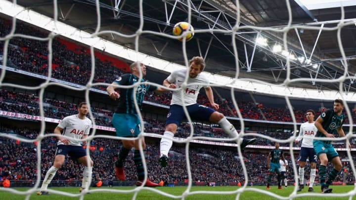 LONDON, ENGLAND - DECEMBER 26: Harry Kane of Spurs scores the opening goal with a header to go past Alan Shearer's calendar year scoring record during the Premier League match between Tottenham Hotspur and Southampton at Wembley Stadium on December 26, 2017 in London, England. (Photo by Julian Finney/Getty Images)