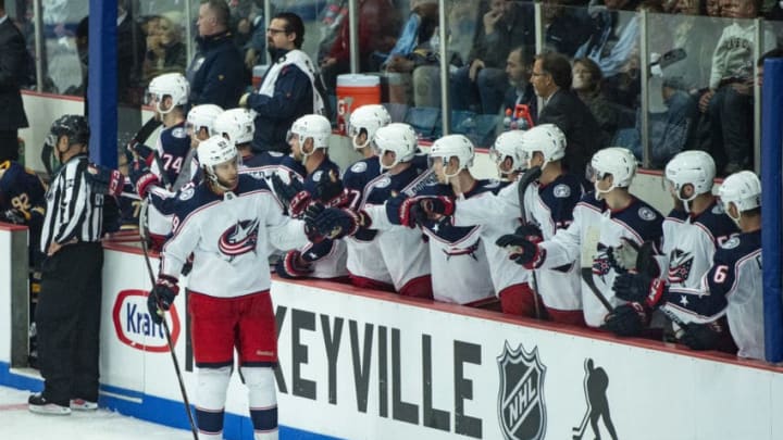 CLINTON, NY - SEPTEMBER 25: Columbus Blue Jackets Center Kevin Stenlund (69) is congratulated by teammates after scoring a goal during the third period of the Columbus Blue Jackets versus the Buffalo Sabers preseason game on September 25, 2018, at Clinton Arena in Clinton, New York. (Photo by Gregory Fisher/Icon Sportswire via Getty Images)