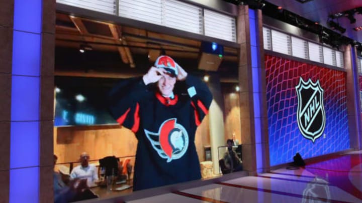 SECAUCUS, NEW JERSEY – OCTOBER 06: With the third pick of the 2020 NHL Draft, Tim Stuetzle of Mannheim of Germany is selected by the Ottawa Senators at the NHL Network Studio on October 06, 2020 in Secaucus, New Jersey. (Photo by Mike Stobe/Getty Images)