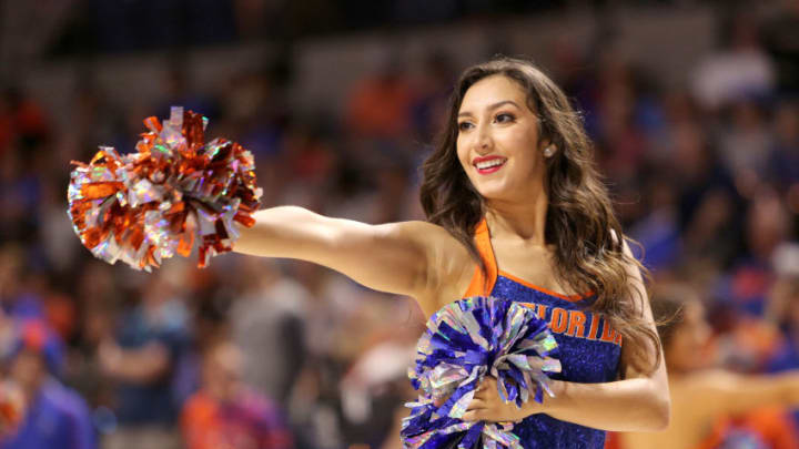 GAINESVILLE, FL - DECEMBER 22: A Florida Gators cheerleader performs during a NCAA basketball game against Incarnate Word Cardinals at the Stephen C. O' Connell Center on December 22, 2017 in Gainesville, Florida. (Photo by Alex Menendez/Getty Images)