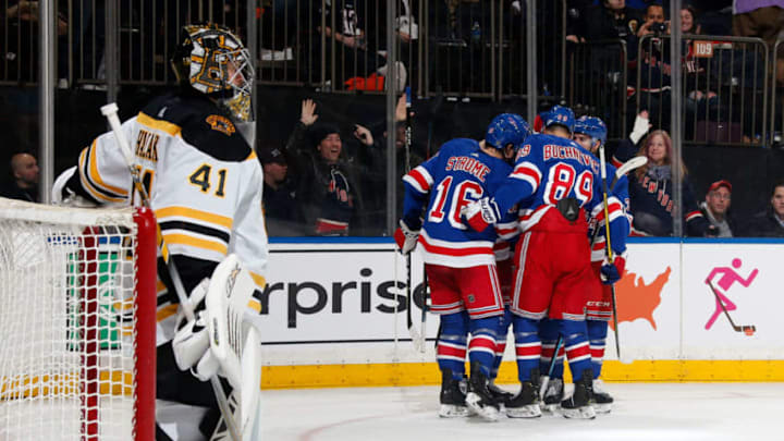 NEW YORK, NY - FEBRUARY 06: Filip Chytil #72 of the New York Rangers celebrates with teammates after scoring a goal in the third period against Jaroslav Halak #41 of the Boston Bruins at Madison Square Garden on February 6, 2019 in New York City. (Photo by Jared Silber/NHLI via Getty Images)