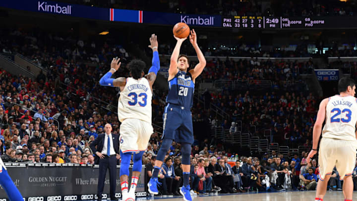 PHILADELPHIA, PA - APRIL 8: Doug McDermott #20 of the Dallas Mavericks shoots the ball against the Philadelphia 76ers on April 8, 2018 at Wells Fargo Center in Philadelphia, Pennsylvania. NOTE TO USER: User expressly acknowledges and agrees that, by downloading and/or using this photograph, user is consenting to the terms and conditions of the Getty Images License Agreement. Mandatory Copyright Notice: Copyright 2018 NBAE (Photo by Jesse D. Garrabrant/NBAE via Getty Images)