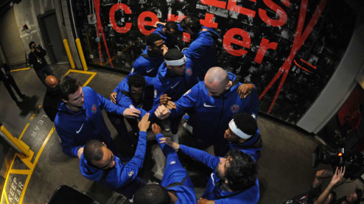 LOS ANGELES, CA - DECEMBER 17: LA Clippers huddle up before the game against the Portland Trail Blazers on December 17, 2018 at STAPLES Center in Los Angeles, California. NOTE TO USER: User expressly acknowledges and agrees that, by downloading and/or using this Photograph, user is consenting to the terms and conditions of the Getty Images License Agreement. Mandatory Copyright Notice: Copyright 2018 NBAE (Photo by Andrew D. Bernstein/NBAE via Getty Images)