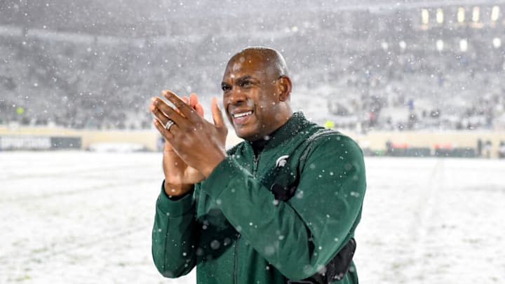 EAST LANSING, MICHIGAN - NOVEMBER 27: Head coach Mel Tucker of the Michigan State Spartans claps after the win against the Penn State Nittany Lions at Spartan Stadium on November 27, 2021 in East Lansing, Michigan. (Photo by Nic Antaya/Getty Images)