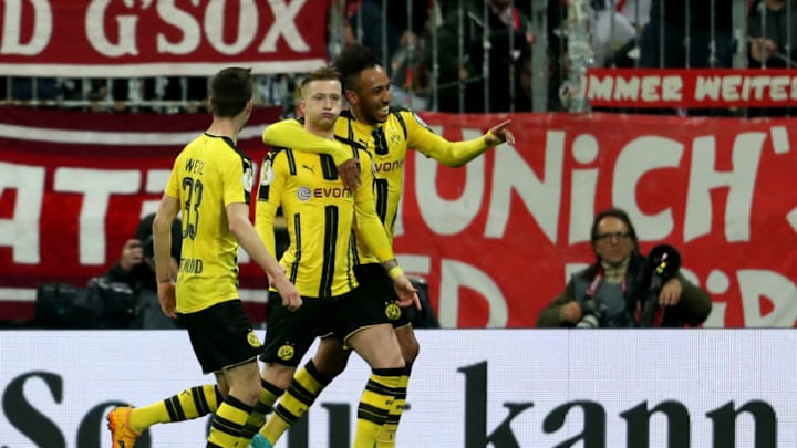 MUNICH, GERMANY - APRIL 26: Marco Reus of Dortmund celebrates after he scores the opening goal during the DFB Cup semi final match between FC Bayern Muenchen and Borussia Dortmund at Allianz Arena on April 26, 2017 in Munich, Germany. (Photo by A. Beier/Getty Images for FC Bayern )