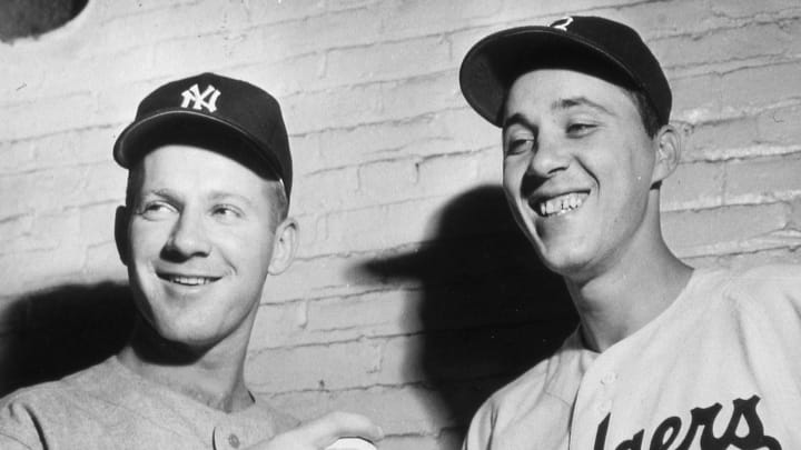 NEW YORK – OCTOBER 4TH, 1953. The starting pitchers for game four of the 1953 World Series, Whitey Ford, left, of the Yankees and Billy Loes of the Dodgers, pose for a photo on October 4th In Ebbets Field. (Photo by Mark Rucker/Transcendental Graphics, Getty Images)