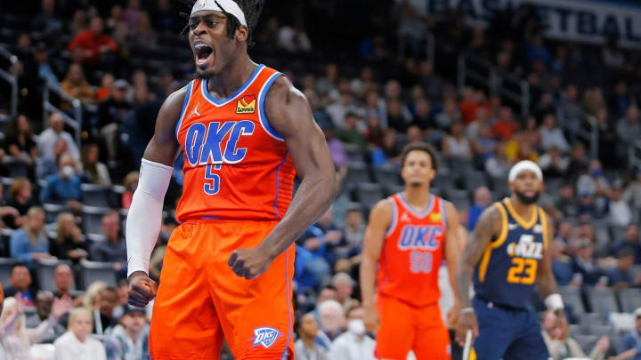 OKC’s Lu Dort (5) celebrates after a basket against Utah on Nov. 24 at Paycom Center.