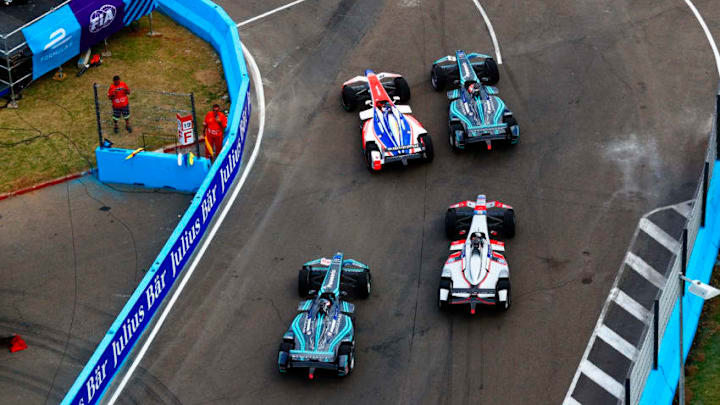 PUNTA DEL ESTE, URUGUAY - MARCH 17: In this handout provided by FIA Formula E, Felix Rosenqvist (SWE), Mahindra Racing, Mahindra M4Electro, Nelson Piquet Jr (BRA), Panasonic Jaguar Racing, Jaguar I-Type II,Mitch Evans (NZL), Panasonic Jaguar Racing, Jaguar I-Type II, and Maro Engel (GER), Venturi Formula E, Venturi VM200-FE-03 during the Punta del Este ePrix, Round 6 of the 2017/18 FIA Formula E Series on March 17, 2018 at Playa Brava Beach in Punta del Este, Uruguay. (Photo by Sam Bloxham/FIA Formula E via Getty Images)