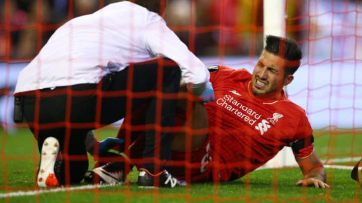 LIVERPOOL, ENGLAND – APRIL 14: Emre Can of Liverpool receives treatment during the UEFA Europa League quarter final, second leg match between Liverpool and Borussia Dortmund at Anfield on April 14, 2016 in Liverpool, United Kingdom. (Photo by Clive Brunskill/Getty Images)