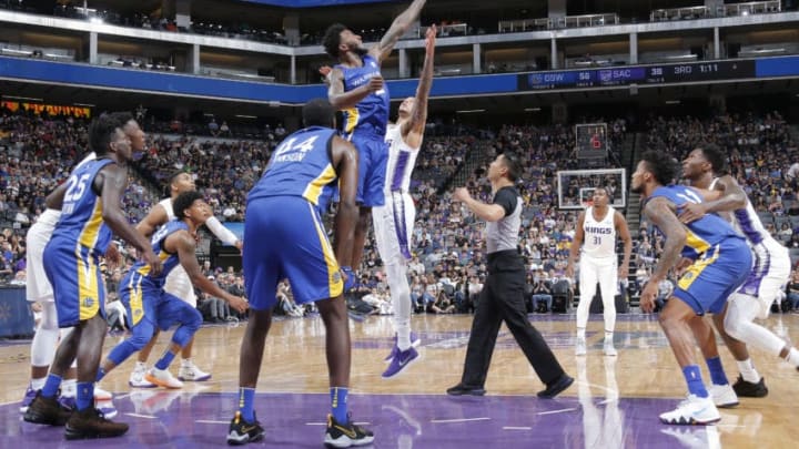 SACRAMENTO, CA - JULY 3: Jordan Bell #2 of the Golden State Warriors reaches for the tip-off during the game against the Sacramento Kings on July 3, 2018 at Golden 1 Center in Sacramento, California. NOTE TO USER: User expressly acknowledges and agrees that, by downloading and or using this Photograph, user is consenting to the terms and conditions of the Getty Images License Agreement. Mandatory Copyright Notice: Copyright 2018 NBAE (Photo by Rocky Widner/NBAE via Getty Images)