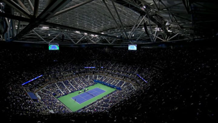 NEW YORK, NEW YORK - SEPTEMBER 06: A general view of Arthur Ashe Stadium as Matteo Berrettini of Italy serves during his Men's Singles semi-final match against Rafael Nadal of Spain on day twelve of the 2019 US Open at the USTA Billie Jean King National Tennis Center on September 06, 2019 in the Queens borough of New York City. (Photo by Mike Stobe/Getty Images)