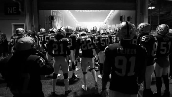 LONDON, ENGLAND - OCTOBER 14: (EDITORS NOTE - This image has been converted to black and white) Oakland Raiders wait in the tunnel ahead of the NFL International series match between Seattle Seahawks and Oakland Raiders at Wembley Stadium on October 14, 2018 in London, England. (Photo by Naomi Baker/Getty Images)