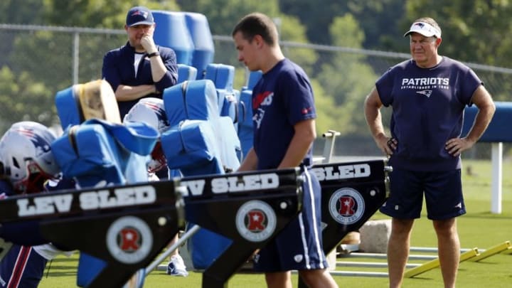 Jul 28, 2016; Foxboro, MA, USA; New England Patriots head coach Bill Belichick looks on during training camp at Gillette Stadium. Mandatory Credit: Winslow Townson-USA TODAY Sports