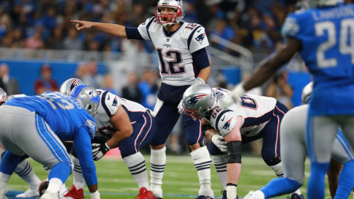 DETROIT, MI - SEPTEMBER 23: Quarterback Tom Brady #12 of the New England Patriots directs his team against the Detroit Lions during the first half Ford Field on September 23, 2018 in Detroit, Michigan. (Photo by Rey Del Rio/Getty Images)