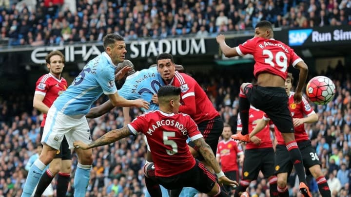MANCHESTER, ENGLAND - MARCH 20: Martin Demichelis of Manchester City has a chance on goal during the Barclays Premier League match between Manchester City and Manchester United at the Etihad Stadium on March 20, 2016 in Manchester, England. (Photo by Matthew Ashton - AMA/Getty Images)