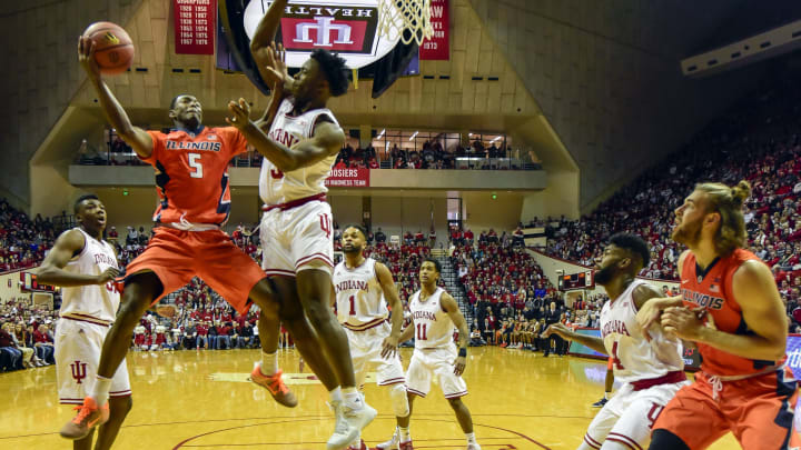 Jan 7, 2017; Bloomington, IN, USA; Illinois Fighting Illini guard Jalen Coleman-Lands (5) attempts a shot against Indiana Hoosiers forward OG Anunoby (3) during the first half of the game at Assembly Hall. The Indiana Hoosiers defeated the Illinois Fighting Illini 96 to 80. Mandatory Credit: Marc Lebryk-USA TODAY Sports