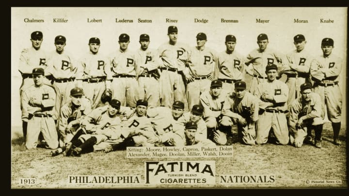 PHILADELPHIA – 1913: The Philadelphia Phillies pose for their team portrait for the 1913 season, issued as a tobacco card for Fatima Cigarettes. The team features Hall of Famer Grover Cleveland Alexander and Eppa Rixey. (Photo by Mark Rucker/Transcendental Graphics/Getty Images)