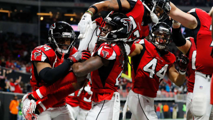 ATLANTA, GA - DECEMBER 31: Robert Alford #23 of the Atlanta Falcons celebrates an interception to end the game against the Carolina Panthers at Mercedes-Benz Stadium on December 31, 2017 in Atlanta, Georgia. (Photo by Kevin C. Cox/Getty Images)