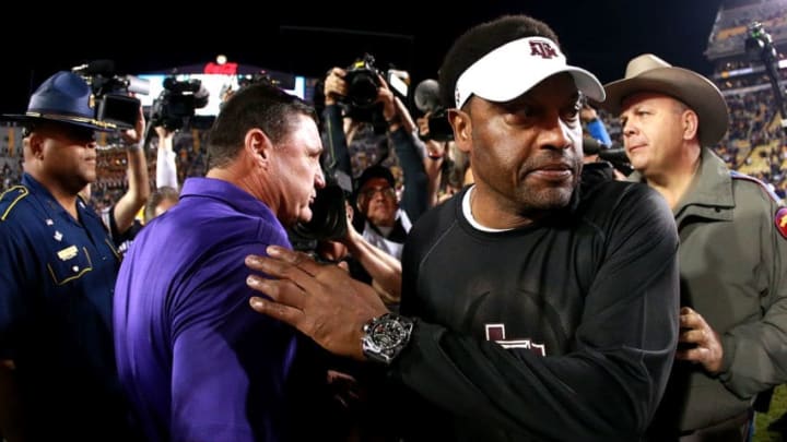 BATON ROUGE, LA - NOVEMBER 25: Head coach Kevin Sumlin of the Texas A&M Aggies shakes hands with Head coach Ed Orgeron of the LSU Tigers after his team was defeated by LSU 45 - 21 at Tiger Stadium on November 25, 2017 in Baton Rouge, Louisiana. (Photo by Sean Gardner/Getty Images)
