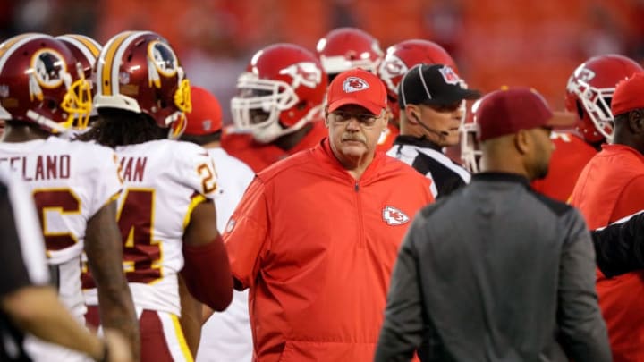 KANSAS CITY, MO - OCTOBER 02: Head coach Andy Reid of the Kansas City Chiefs greets players during warm ups prior to the game against the Kansas City Chiefs at Arrowhead Stadium on October 2, 2017 in Kansas City, Missouri. (Photo by Jamie Squire/Getty Images)