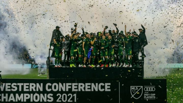 The Portland Timbers celebrate their Western Conference final win to reach the MLS Cup (Photo by John Rudoff/Anadolu Agency via Getty Images)